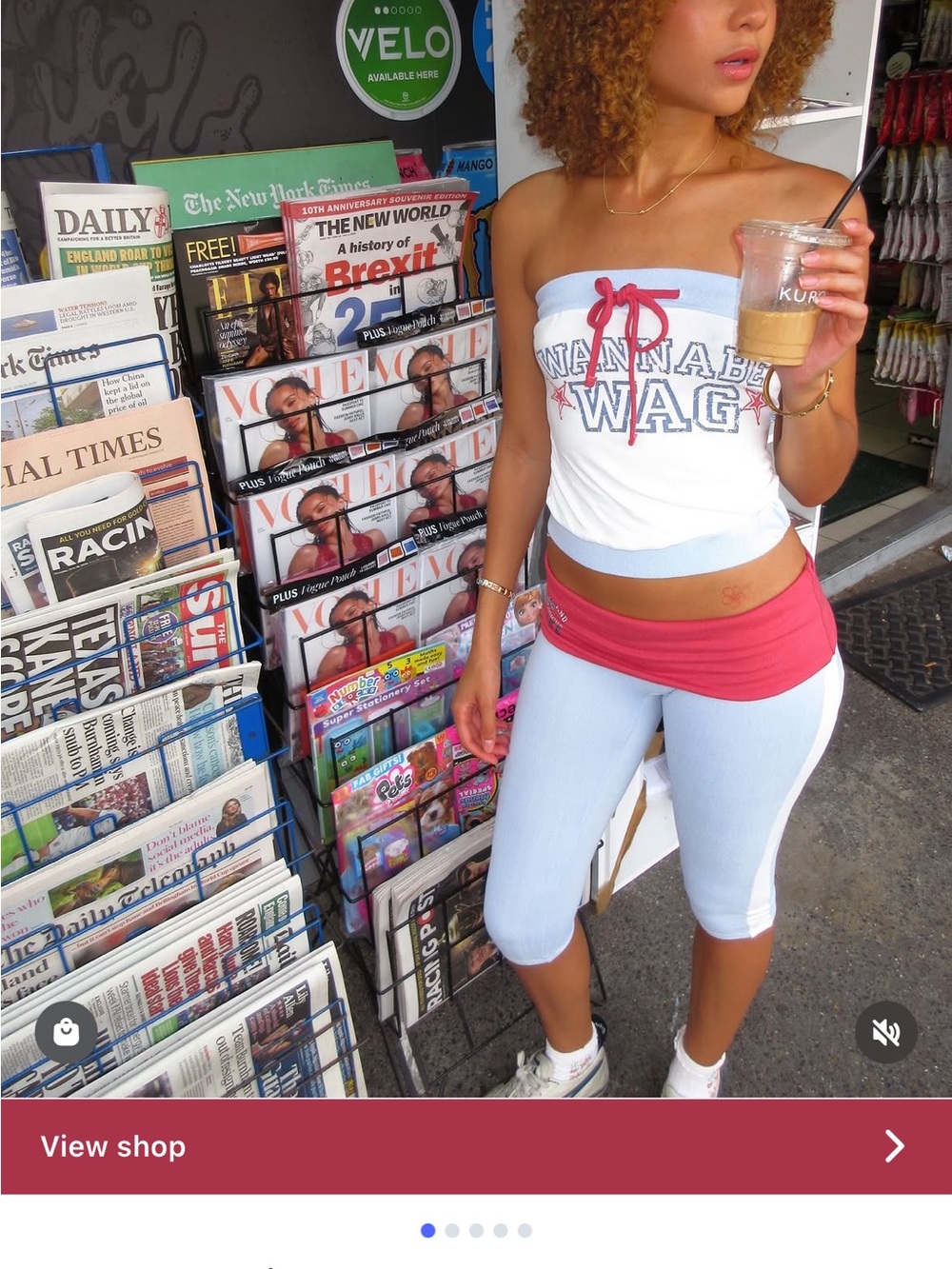 WANNABE WAG Graphic Tube Top - White with Light Blue Trim & Red Drawstring